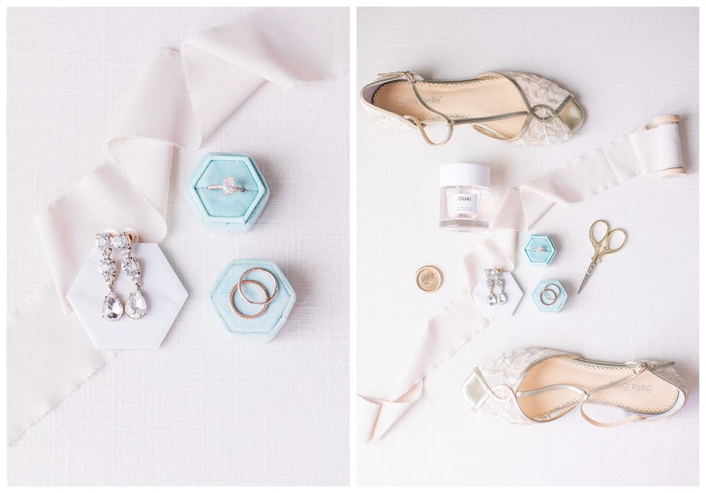 Wedding day details, photos of jewelry, and wedding shoes