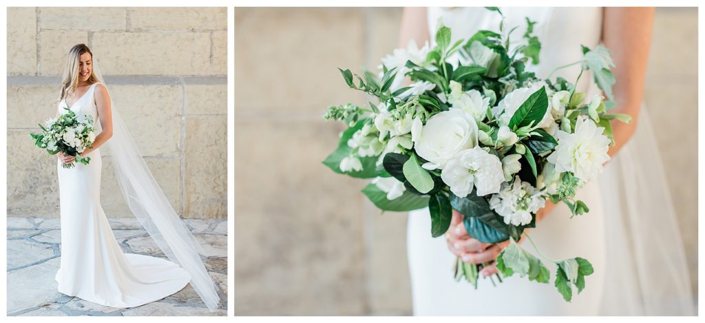 A Beautiful and Classic Santa Barbara Wedding Portraits of a bride holding her bouquet