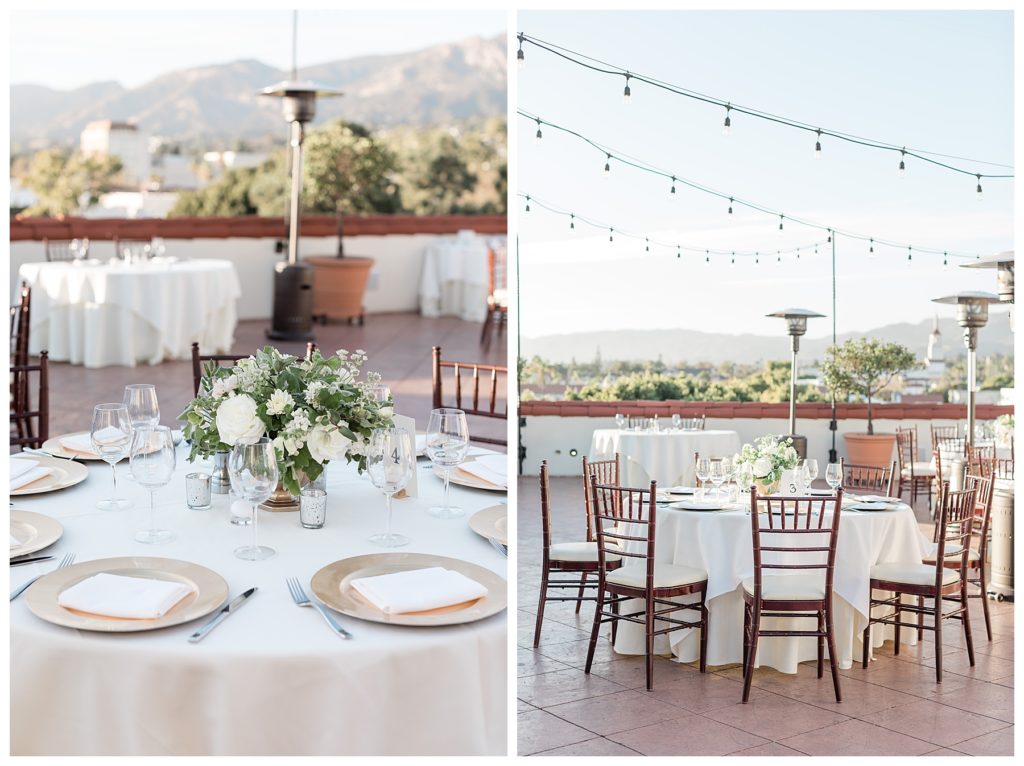 A rooftop wedding reception set up with bristro lights, chivari chairs, and simple, chic floral centerpieces