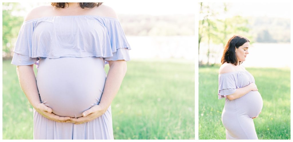 Image shows a pregnant woman at her maternity session in a field wearing a long lavender dress. 