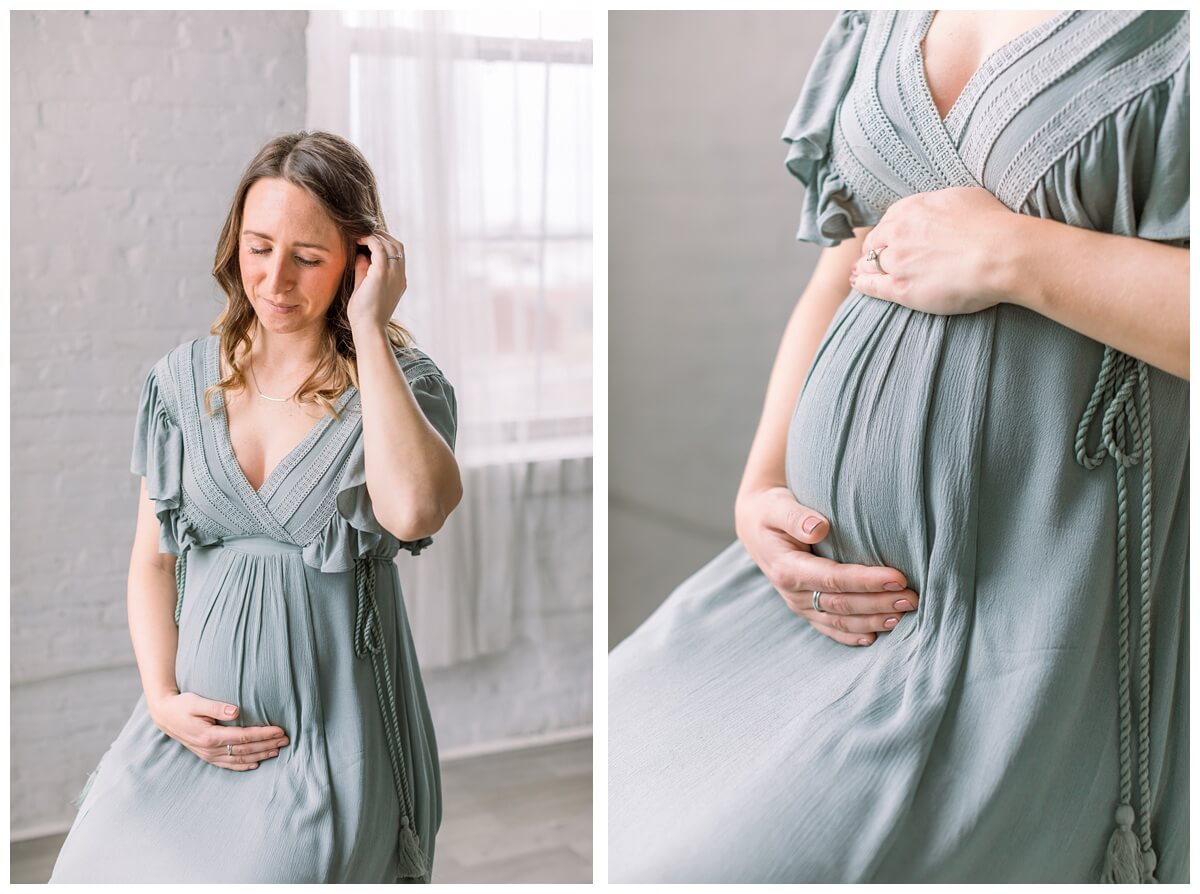 Images show a pregnant woman wearing a sage green dress for maternity photos.
