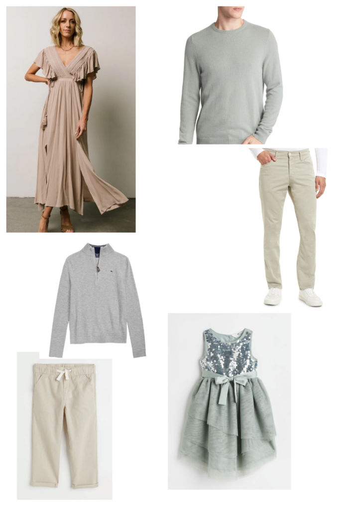 Various outfit options for a family looking for what to wear for newborn photos. Included are a blush pink dress for mom, a sage green dress for a little girl, and gray sweaters and khaki pants for the son and father.