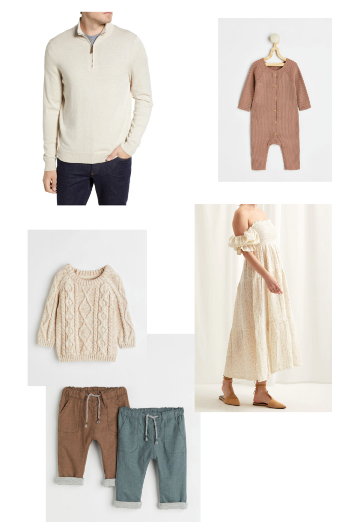 options for outfits for family photos with a cream and brown theme.
