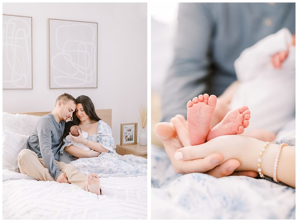 A mother and father hold their newborn boy while sitting on a bed during their lifestyle newborn session