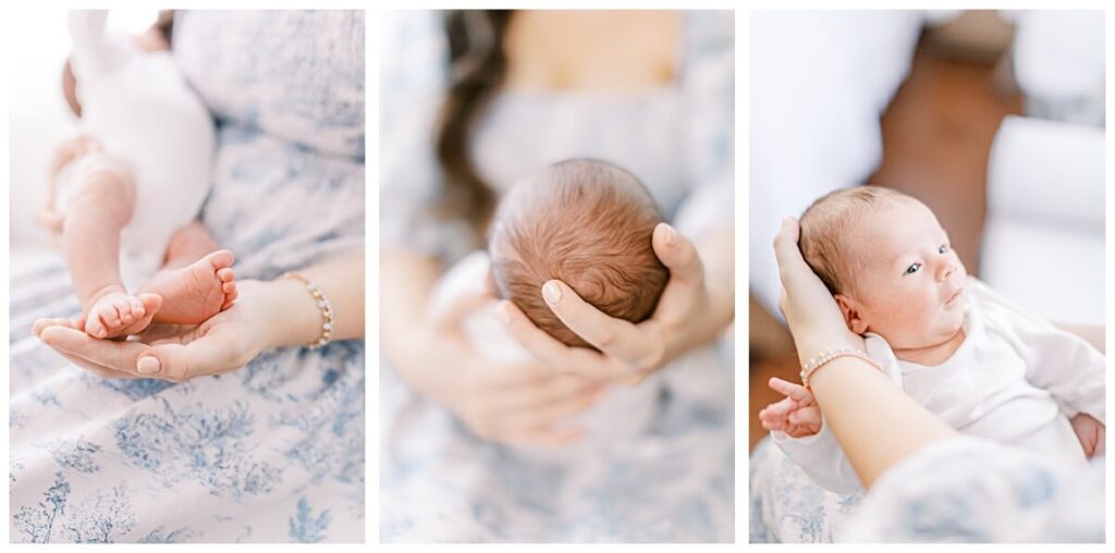 A Serene Newborn Session in Freehold, NJ Up close images of a newborn baby's feet, head, and face during a NJ Lifestyle Newborn Session