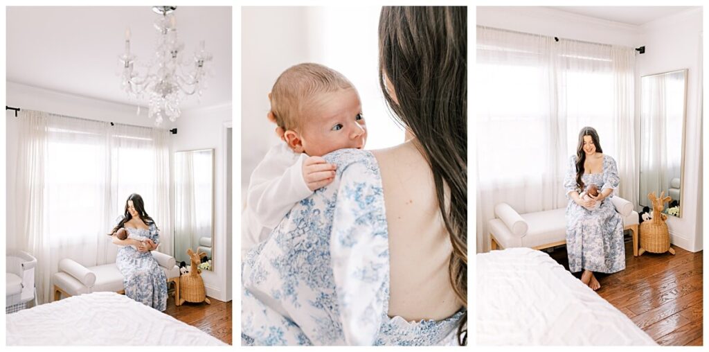 A Serene Newborn Session in Freehold, NJ Images of a mother wearing a white and blue dress and holding her newborn boy during a New Jersey Lifestyle Newborn Session