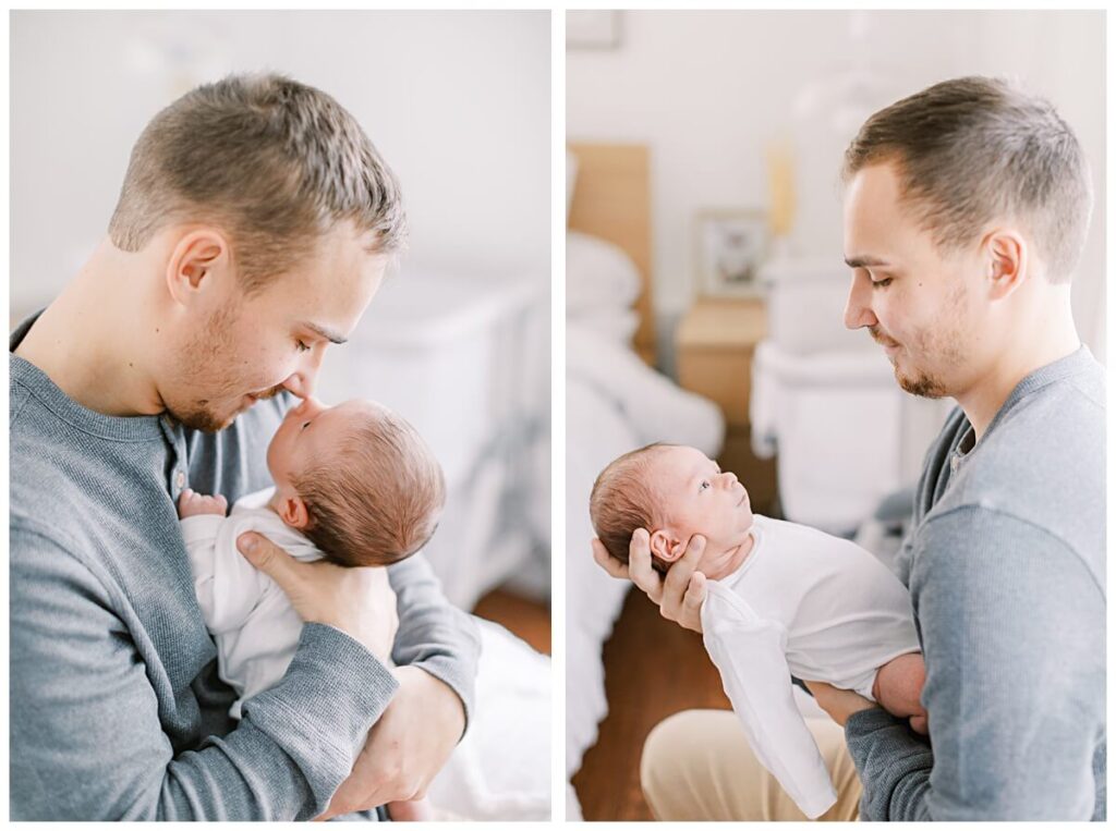 Images of a father wearing a gray shirt and holding his newborn boy during a New Jersey Lifestyle Newborn Session