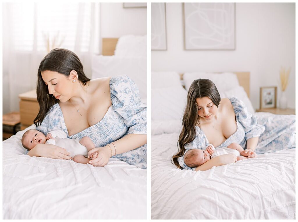 A mother and baby reclining on the bed during their newborn session. The mother is wearing a toile pattern dress.