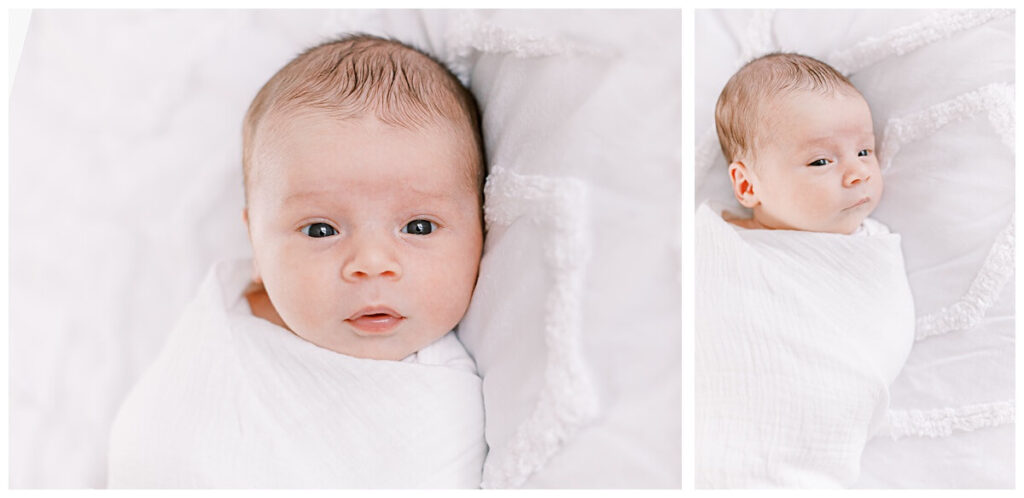 images of a newborn baby during a lifestyle newborn session. He is wrapped in a white blanket and is looking at the camera.