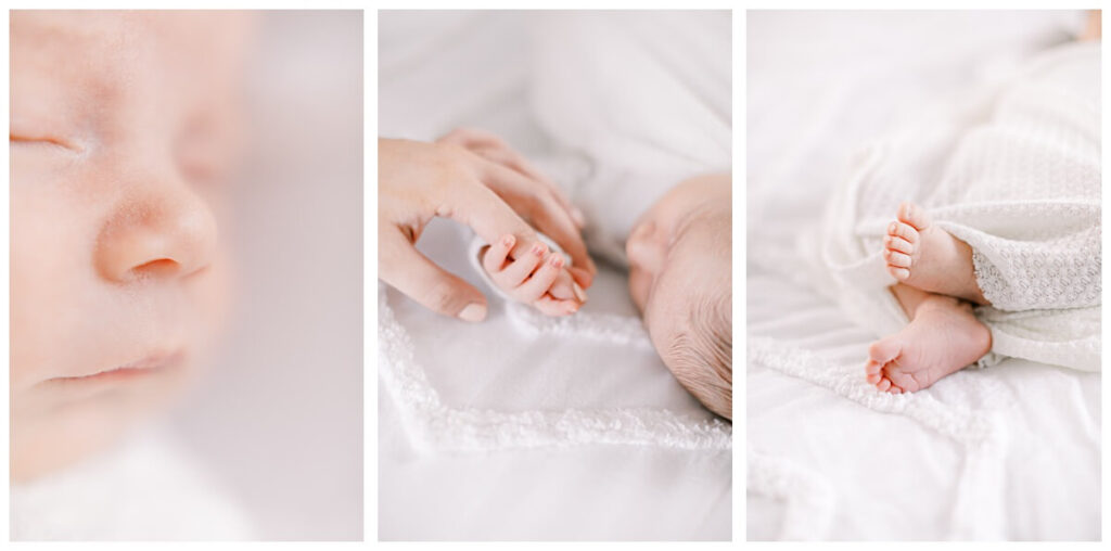 A Serene Newborn Session in Freehold, NJ close up images of a newborn baby's nose, hand, and feet taken during a lifestyle newborn session.