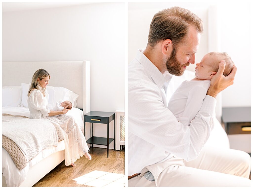 A new mother and a new father hold their newborn baby while sitting on the bed in their home during their in home newborn session