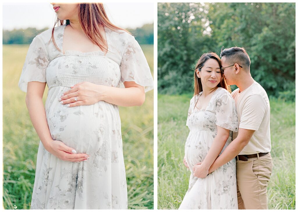 a pregnant woman in a sage green floral dress poses for her maternity portraits with her partner in a field