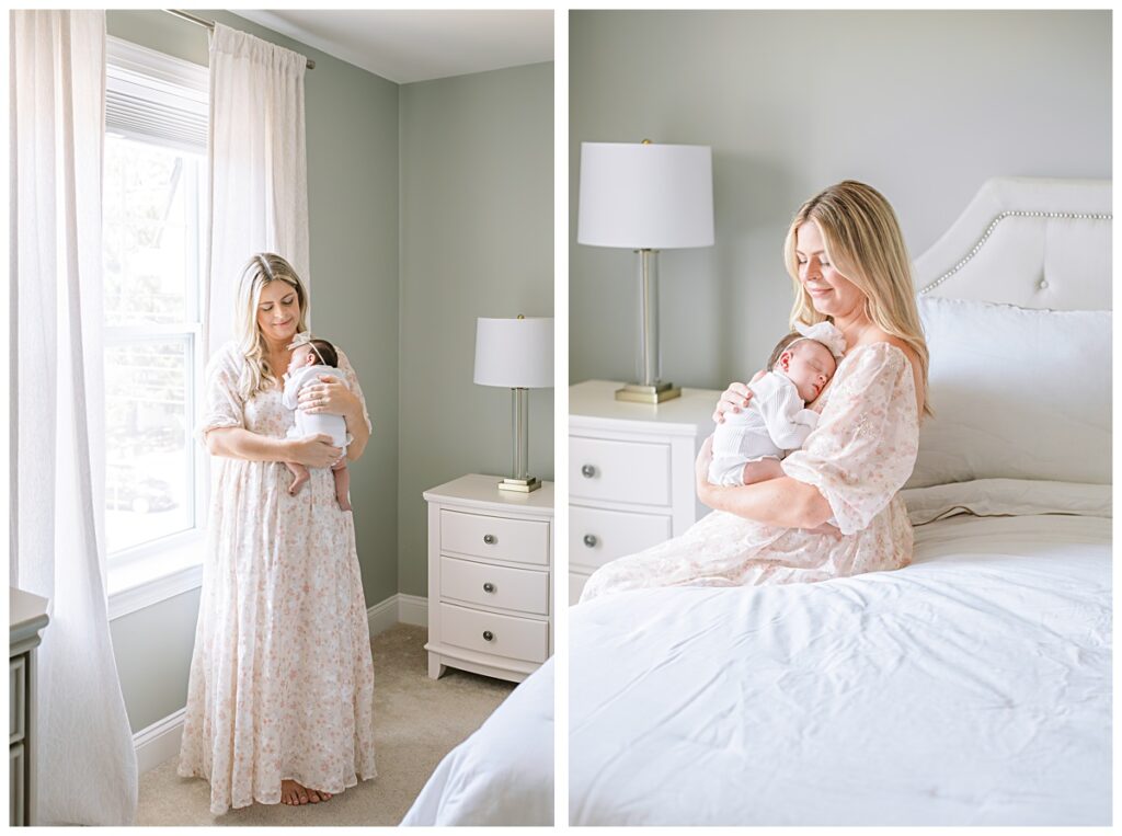 A new mother holding her baby while standing and sitting by a window during her in-home newborn photo session photographed by newborn photographer Kate Voda