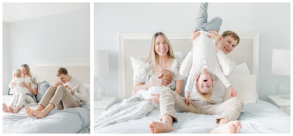 A family sits on their bed and laughs together during their in-home newborn photo session