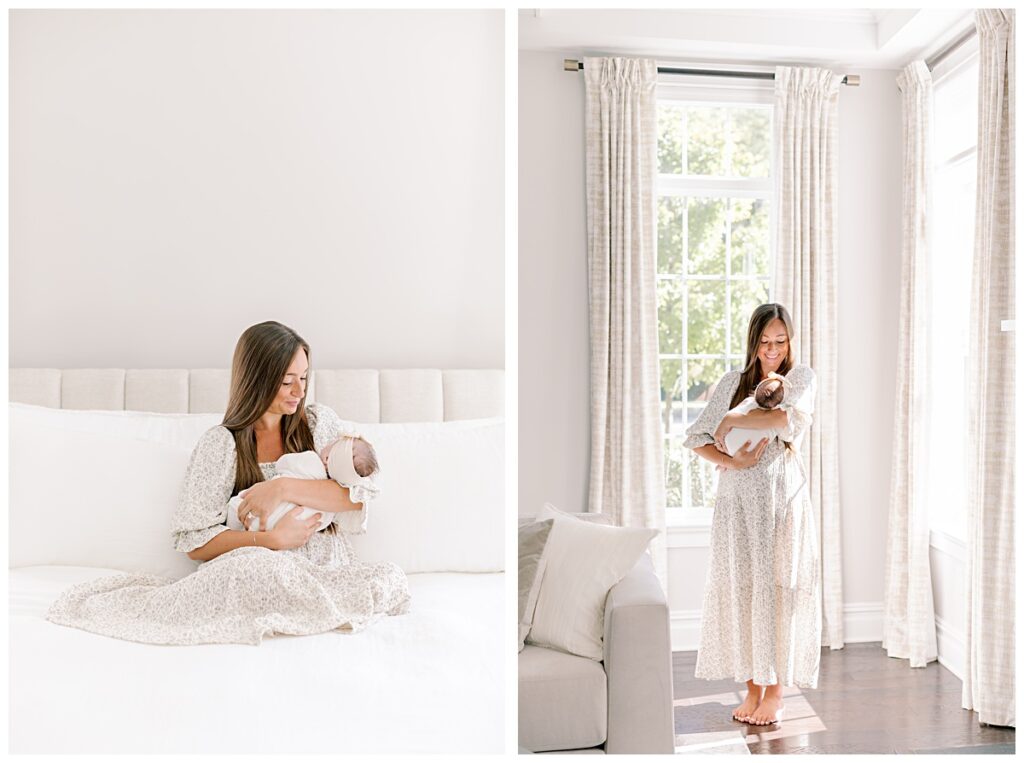 a newborn photo session featuring a mother sitting on a bed holding her newborn daughter