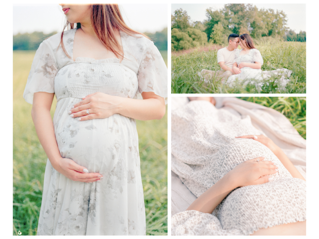 3 images photographed on film of a maternity session. It features a couple in a green field. Photographed by New Jersey Photographer Kate Voda