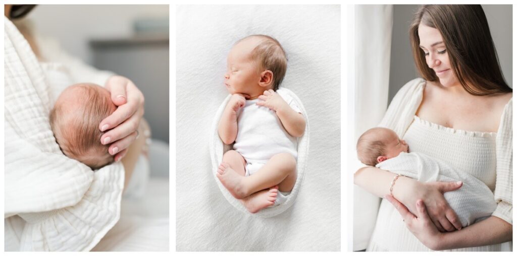 3 photos from a newborn photo session - the top of a newborn's head with his mother's hand cradled around it, a newborn swaddled in a white wrap, a mother wearing a white dress and holding her newborn