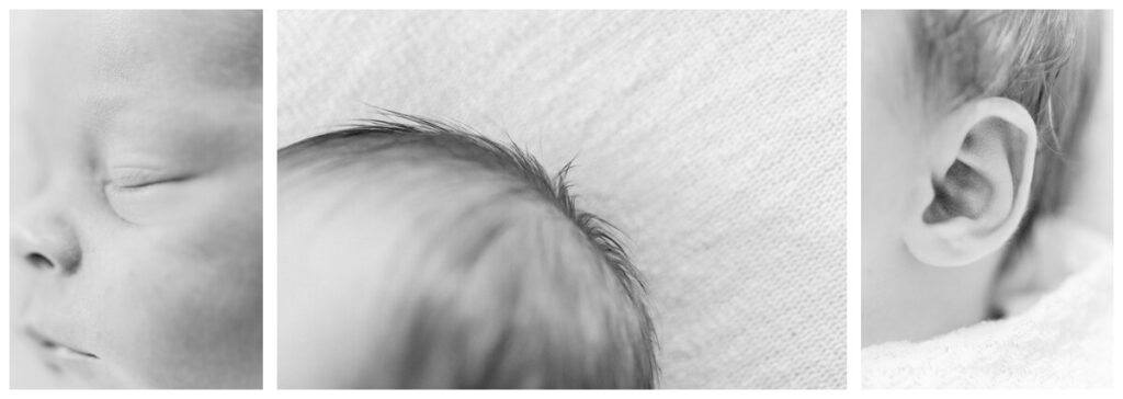 detail photos of a newborn taken at a newborn photo session. image 1 shows an upclose image of the baby's eyes and nose, image 2 shows a close up of the baby's hair, image 3 is a close up of the baby's ear.