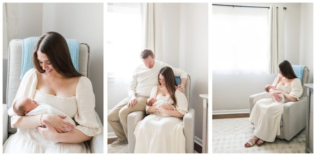 three photos from a newborn session all featuring a mother wearing a white dress, sitting in a chair by the window with her newborn baby.