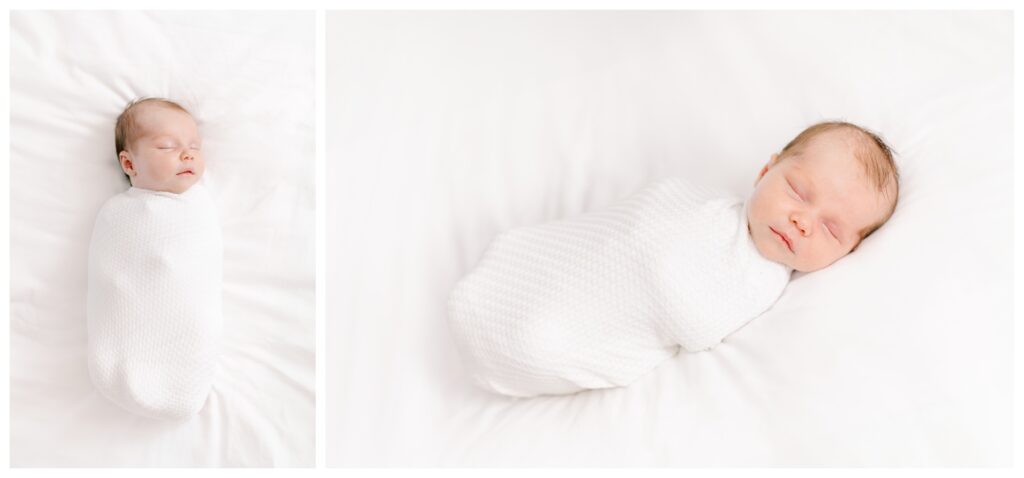 A newborn baby girl in a white wrap during her in-home newborn session