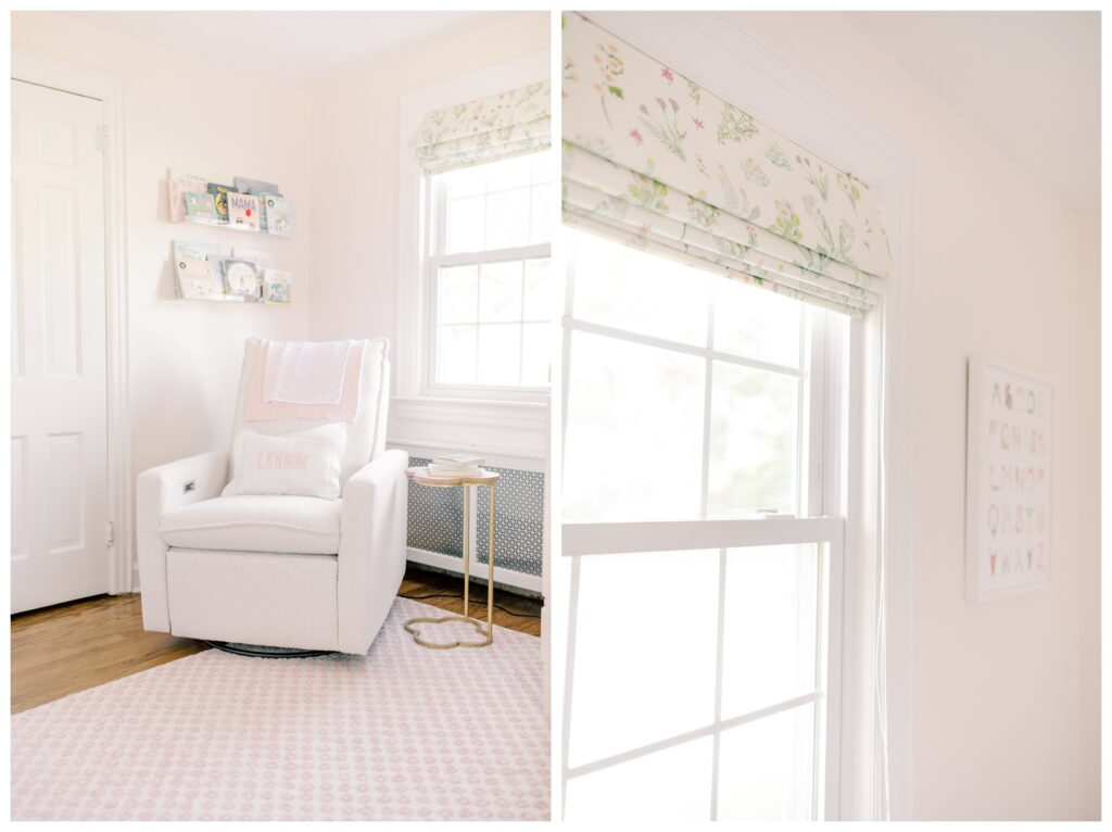 A rocking chair and a window in the nursery of an in-home newborn session