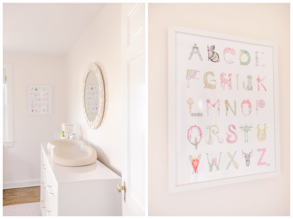 Nursery details including a framed print of a painted alphabet as well as the setup on the changing table.