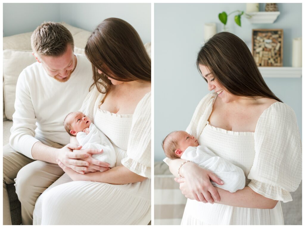 As part of an example of when to take newborn photos during the 2-3 week age range, these 2 photos show a mother and father holding their baby who is making eye contact with them. The mother is wearing a white dress and the baby is wrapped in a white swaddle.
