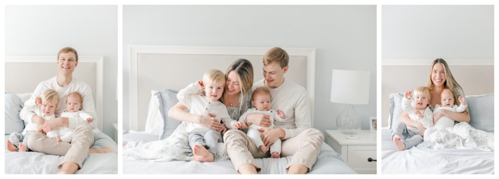 A series of three images showing an 8 week old baby and his older brother along with their parents. THe entire family is sitting on the bed.
