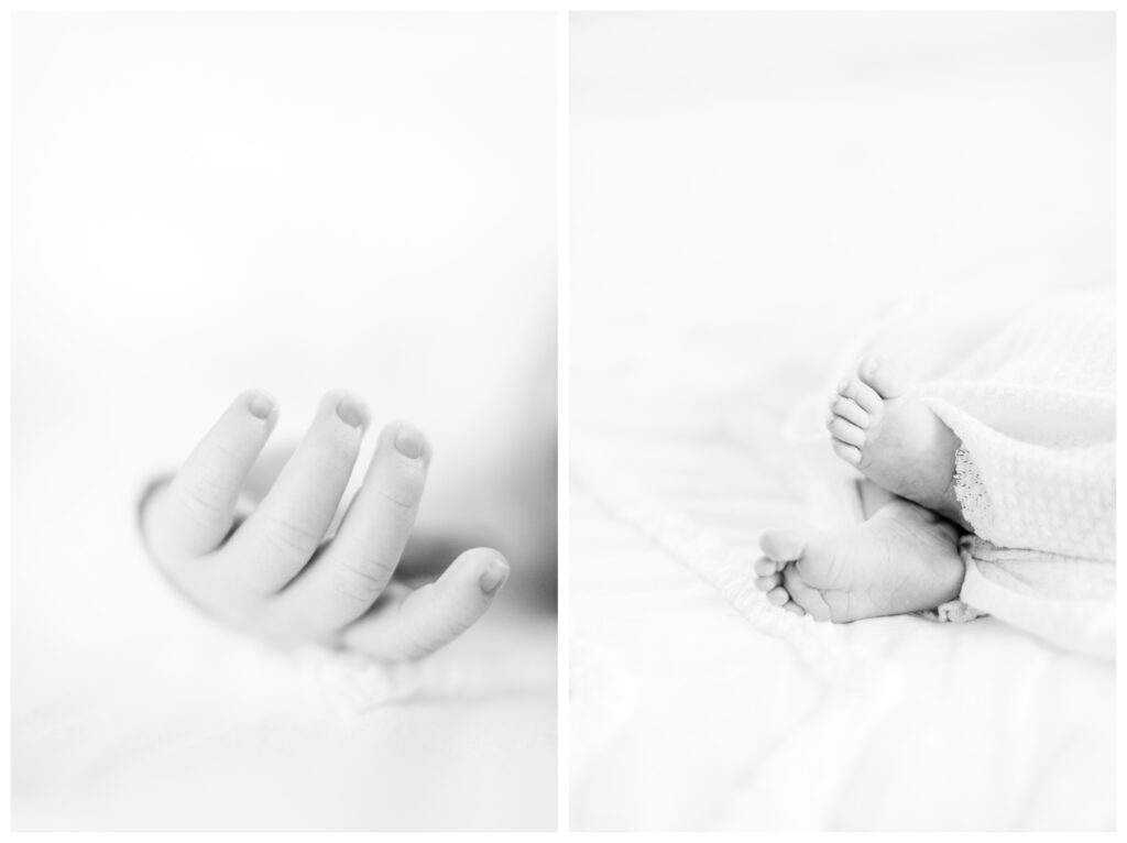 Close up detail images of a newborn baby's hands and feet. 