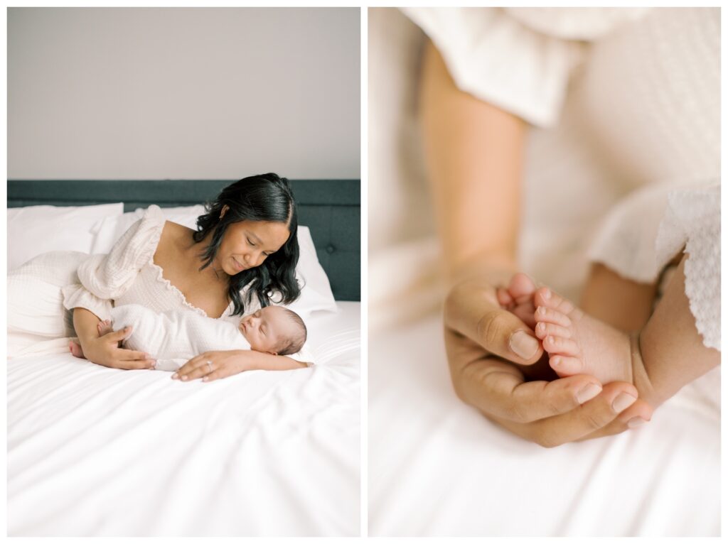 A mother lays on her bed while cradling her newborn baby during a lifestyle in-home newborn session