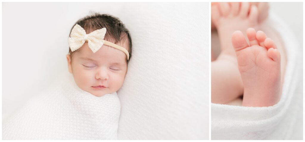 Sweet newborn photos in Marlboro, NJ featuring sleeping baby with lace bow and tiny feet detail shots