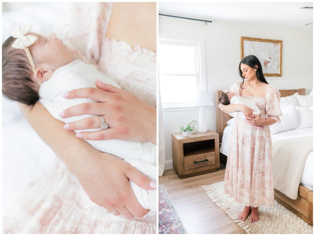 Intimate newborn photos in Marlboro, NJ featuring mother in blush dress cradling baby in primary bedroom